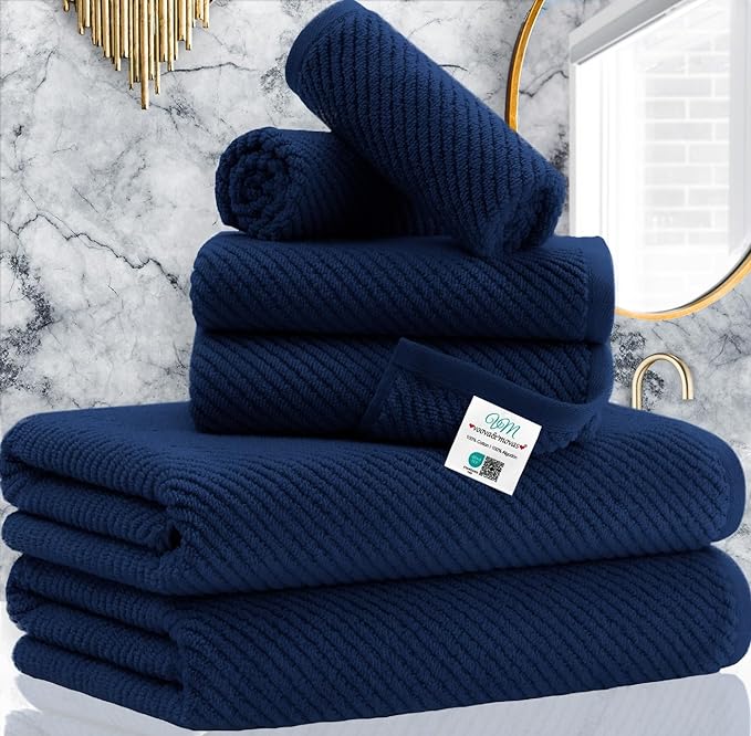 VOOVA & MOVAS Bath Towels - 100% Cotton | Quick Dry | Light Weight | Thick | Soft, Towel Set of 6, 2 Large Bath 30"x56", 2 Hand 18"x28", 2 Washcloths 13"x13", Quick Dry Towel for Shower, Navy Blue