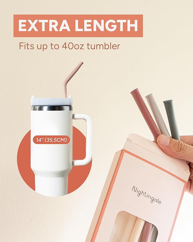 Nightingale 14” Silicone Tumbler Straws - Compatible with Stanley 40 oz cup - Reusable Flexible Long Bendy Drinking Straw with Cleaning Brush for Tall Tumblers - Food-Safe - Set of 6 Oak