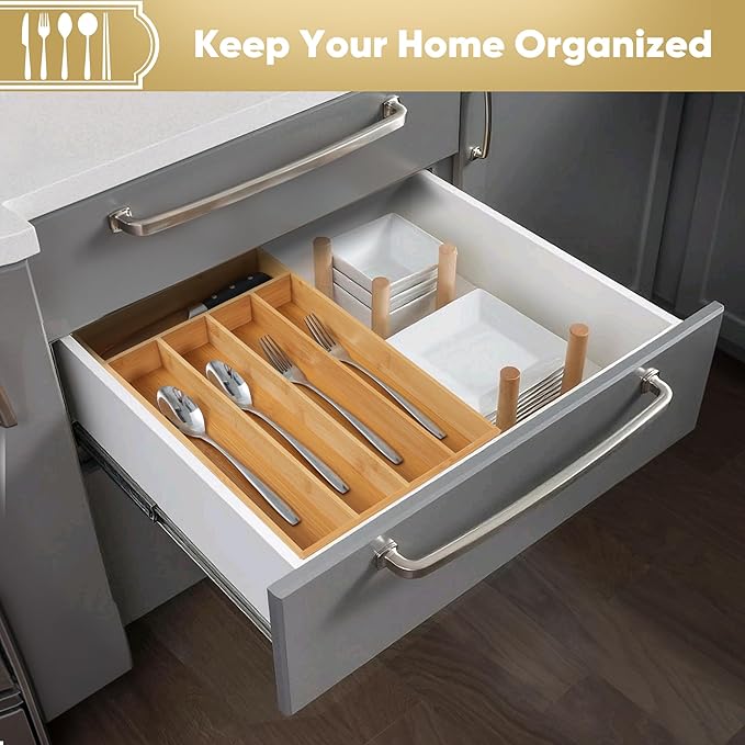 Silverware Organizer, 2 Pack 10 Inch Utensil Organizer Kitchen Drawer Organizer Bamboo Silverware Holder Cutlery Tray Organizer in Drawer Flatware Organizer Tray(5 slots, Natural）