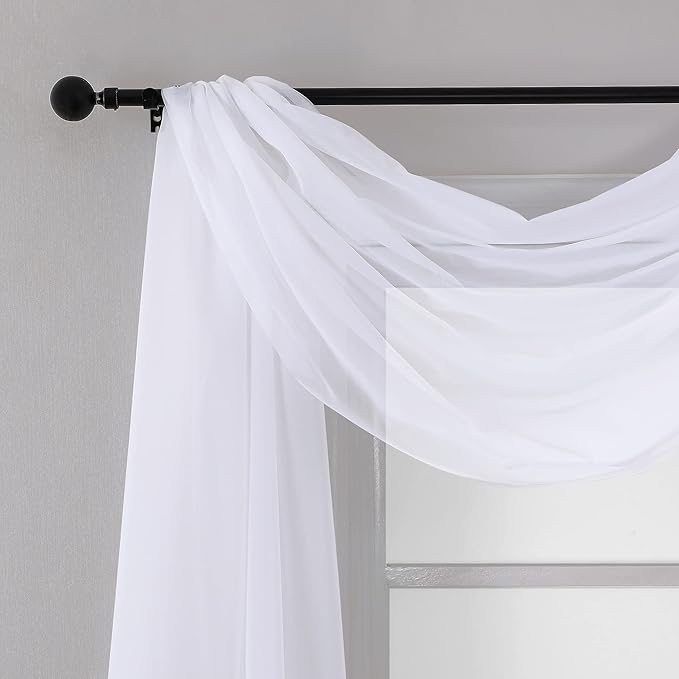 Chyhomenyc White Sheer Scarf Valances for Windows 216 Inch Extra Long, Window Scarf Drapes Rod Pocket Backdrop for Wedding Arch Draping/Party/Canopy Bed/Living Room, 2PC, 18 Feet Length