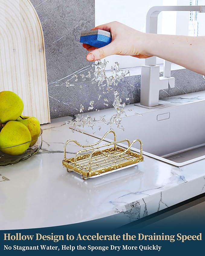 Consumest Sponge Holder for Kitchen Sink - Movable Sink Caddy for Countertop Organizer, 304 Stainless Steel Sponge Holder with Detachable Drip Tray for Kitchen Accessories, Gold