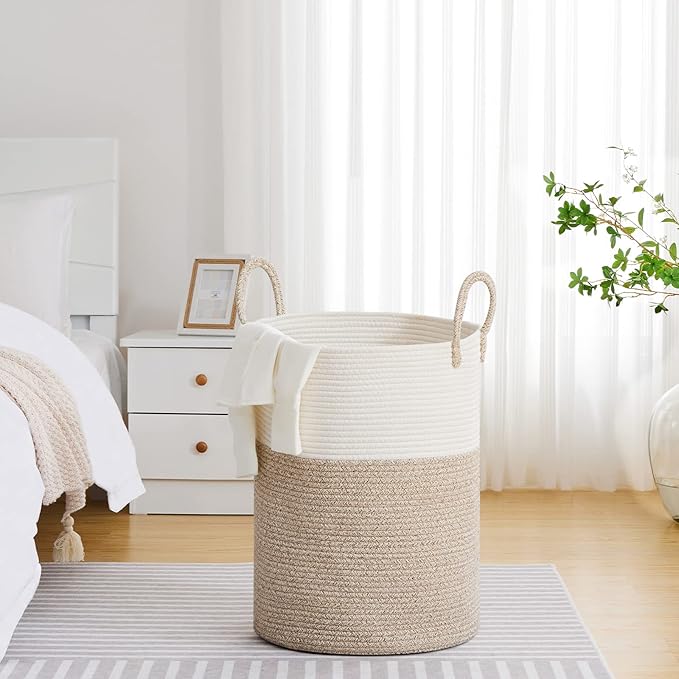 VIPOSCO Large Laundry Hamper, Tall Woven Rope Storage Basket for Blanket, Toys, Dirty Clothes in Living Room, Bathroom, Bedroom - 100L White & Brown