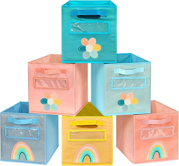 Cube Storage Bins, 6 Pack 11 Inch Fabric Storage Bins with Handle and Label Window, Foldable Storage Cubes, Colorful Fabric Bins for Kids Room, Classroom Organization and Storage, Clothes, Toys