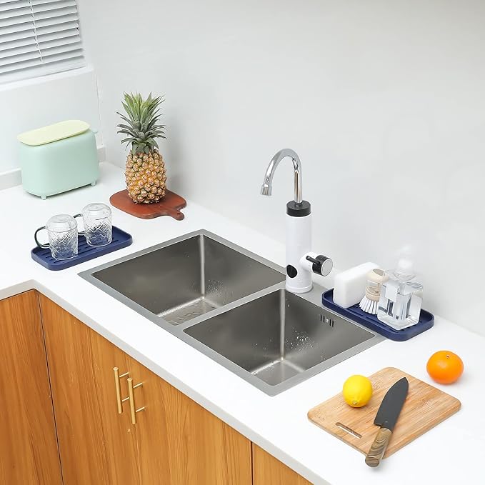 Silicone Kitchen Sink Organizer Tray for Multiple Usage,Eco-Friendly Sponges Holder for Kitchen Bathroom Counter or Sink,Dish Soap Dispenser,Scrubber,Bottle,Cup (Navy Blue, 10"×5.3")