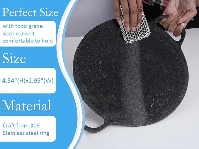 Herda Chain Mail Cast Iron Cleaner Scrubber,316 Chainmail Pan Scrubber Metal Cleaning Brush, Pad, Sponge Scraper to Clean Skillet,Dutch Oven, Wok,Grill Griddle,Chain Link Scrub Brush Pot Care Kit