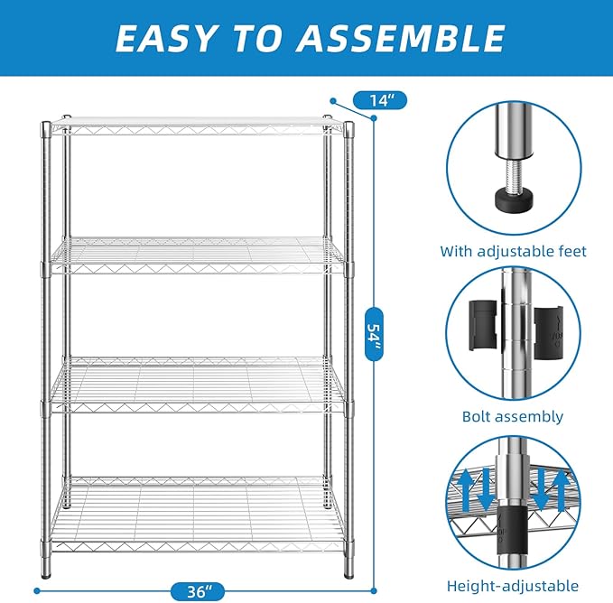 4-Shelf Adjustable Metal Shelf Wire Shelving Unit Storage Rack Display Shelf for Office,Kitchen,Bedroom,Bathroom,Laundry,Pantry Basement,Garage(Chrome,36" L x 14" W x 54" H)