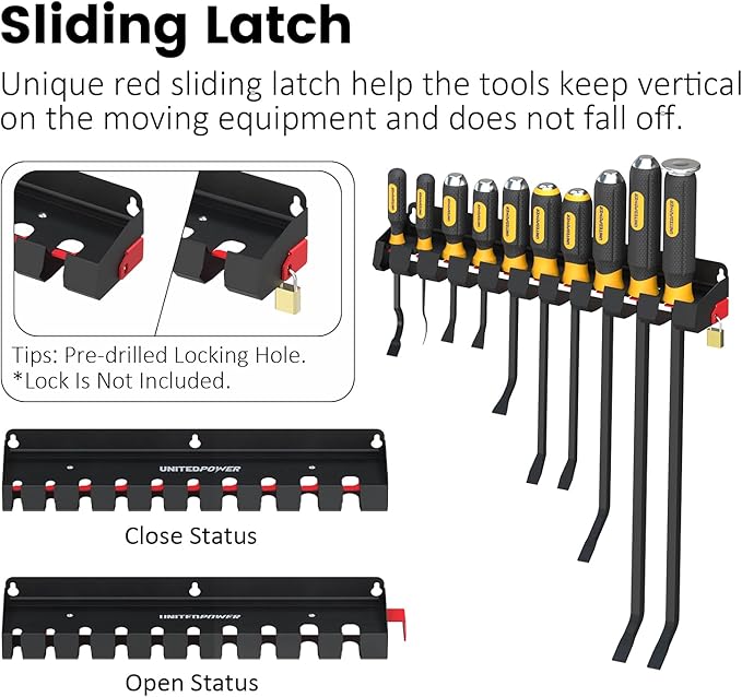 UNITEDPOWER Pry Bar Holder, Lockable Wall Mount Storage Rack Organizer for Workshop, Shed, Garage, Home, Stores up to 10 13 Tools or Extensions