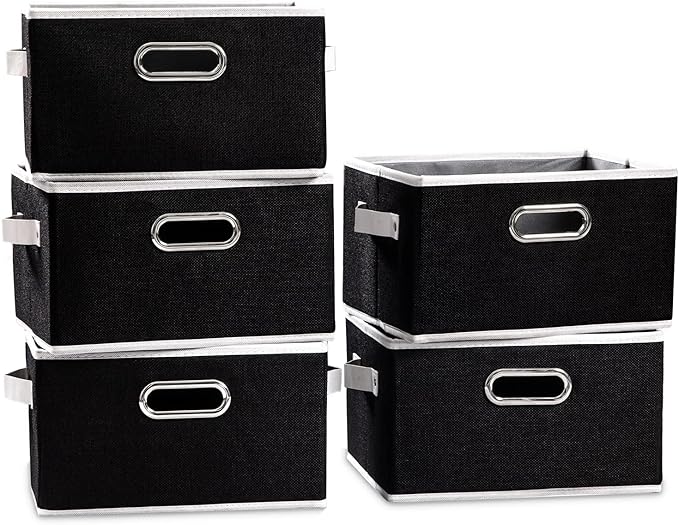 PRANDOM Fodable Storage Baskets for Closet [5-pack] Decorative Fabric Storage Bins Cubes with Leather/Metal Handles for Shelves Bedroom Living Room Black (11.5x8.5x6.7 Inch)