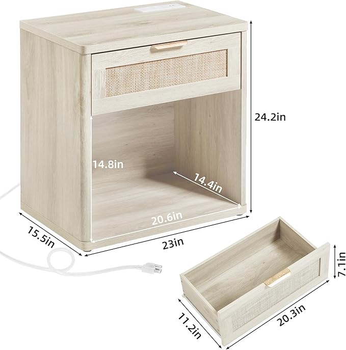 LEYAOYAO Rattan Nightstand with Charging Station, 23" Wide Boho Night Stand with Drawer, Grey White Bedside Table Open Storage Cabinet, Bed Side End Tables Dresser for Bedroom, Living Room, Hallway