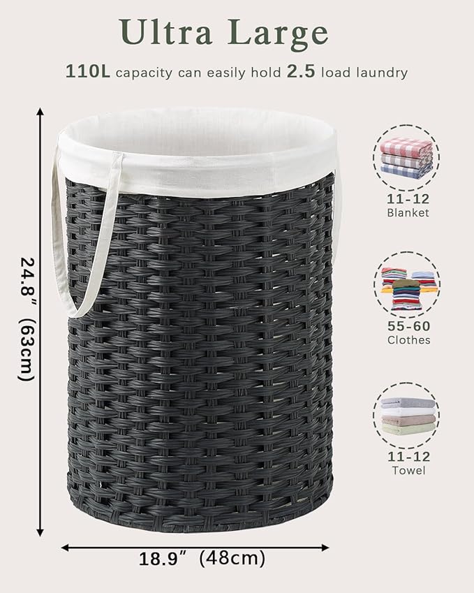 Laundry Basket Round Rattan Laundry Hamper 29.1 Gal (110 L) Handwoven Large Wicker Basket with Handles, Wicker Hamper with Removable Bags and 2 Mesh Bags for Bathroom Living Room Black
