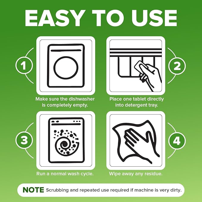 Heavy Duty Dishwasher Cleaner and Deodorizer Tablets, Descaler, Deep Cleaning, Natural Odor and Smell Remover, Calcium, Limescale, Hard Water Marks, Grease, Septic Safe Pods (12 Tabs - 1 Yr Supply)