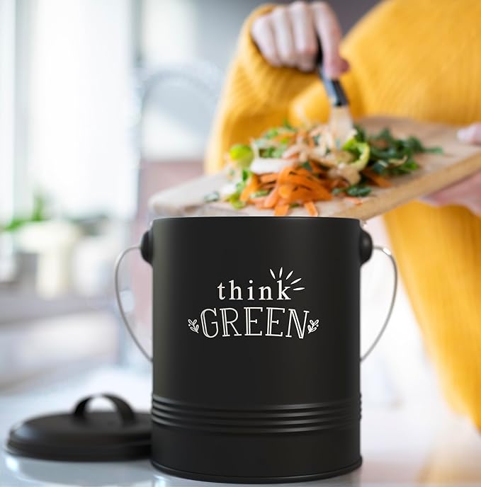 Barnyard Designs Compost Bin for Kitchen Counter - 1.2 Gallon Countertop Composter with Extra Smell-Absorbing Filters and Inner Bucket for Easy Cleaning - Food Waste Bin for Kitchen with Lid (Black)