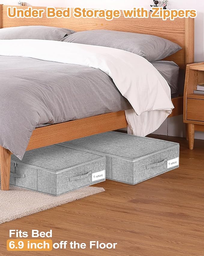 Under Bed Storage, 2 Pack Underbed Storage Container Bags With Lid, Foldable Sturdy Clothes Storage Drawer Organizer W/ 3 Handles, Ultra Thick Fabric Blanket Shoe Storage Box, 30x15x6.7inch, Grey