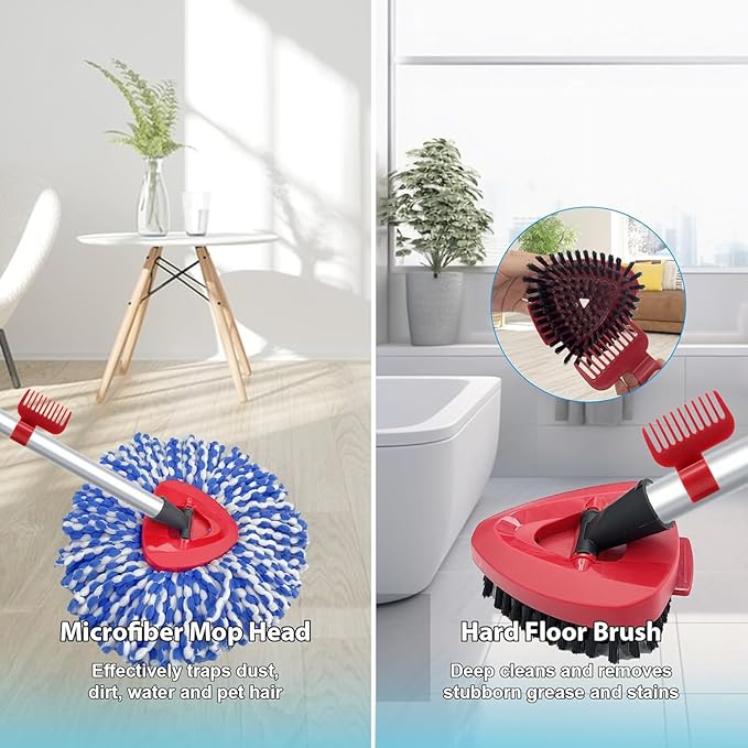 Spin Mop Head and Brush Replacement Compatible with O Cedar RinseClean 2-Tank System, 4 Mop Replace Heads, 1 Handle, 1 Base and 1 Scrub Brush Combo Set