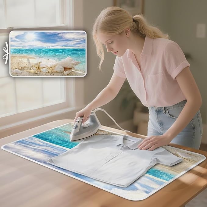Ironing Mat Hawaiian Beach Heat Resistant Ironing Blanket Thick Portable Travel Ironing Pad for Table Top Washer and Dryer,Large Foldable Ironing Padding 32 x 16 Inch