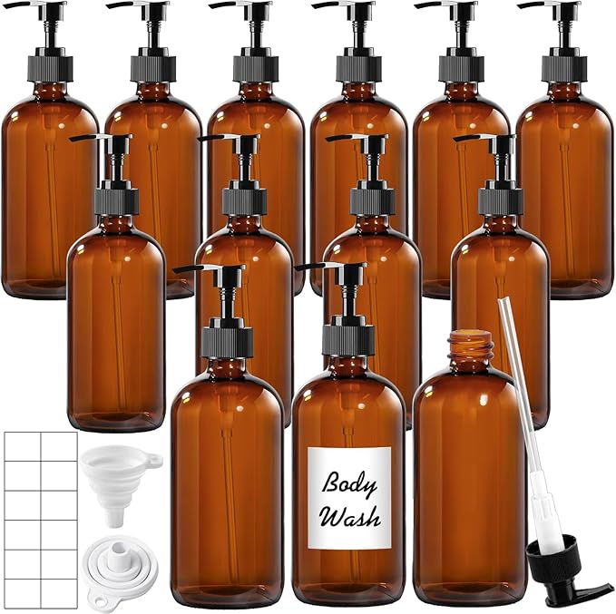 12 Pack Amber Glass Bottles 16oz with Pump Dispensers, Refillable Empty Pump Bottles for Bathroom, Kitchen, Shampoo, Soap, Lotion – Includes 2 Funnels & 12 Labels