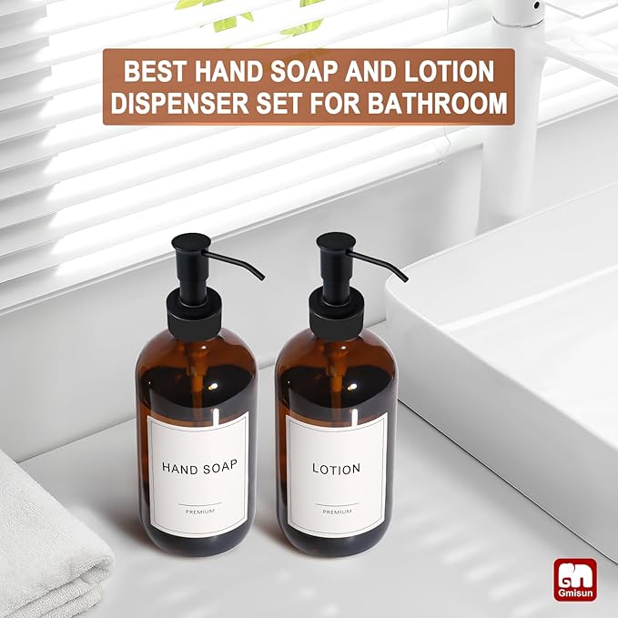 GMISUN Amber Glass Soap Dispenser, 2 Pack Bathroom Hand Soap Dispensers with Stainless Steel Pump, 17 Fl Oz Kitchen Hand and Dish Soap Dispenser Set, Modern Vintage Liquid Brown Soap Dispensers Bottle