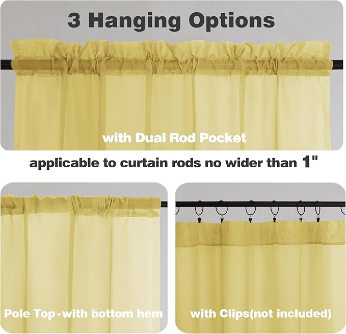 Chyhomenyc Sheer Yellow Tier Curtains 24 Inch Length, Small Window Curtains Treatment for Bathroom Living Room Basement, Short Rod Pocket Cafe Curtain, 42W x 24L Inches, 2 Panels