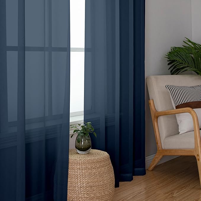 Chyhomenyc Sheer Navy Blue Curtains 90 inches Long 2 Panels, Light Filtering Soft Airy Solid Elegant Voile Window Treatment Drapes for Bedroom Living Room Wedding Party Decor, 42 Wx90 L Inches