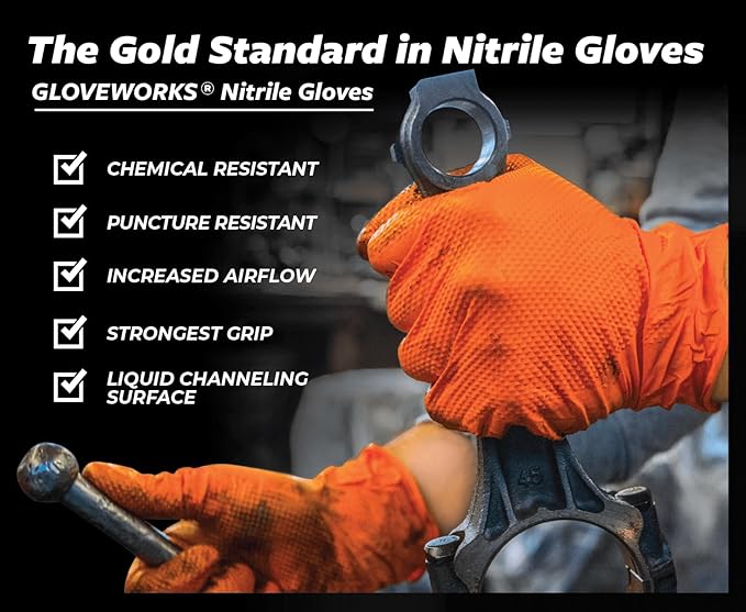GLOVEWORKS Heavy-Duty Nitrile Gloves, Disposable, Latex Free, 8 Mil, Orange, Diamond Grip Glove