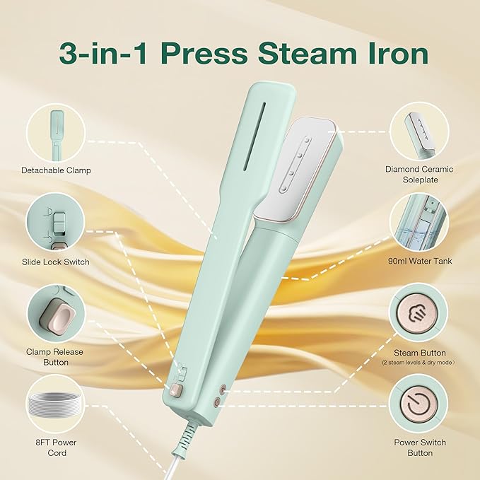 Newbealer 3in1 Clamp Travel Steam Iron with Global Voltage, 100-240V Clothes Steamer, Dry Ironing & 2 Steam Levels, Non-Stick Ceramic Soleplate, Auto-off, Self Cleaning, w/Detachable Clamp (Green)