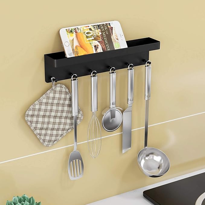 MKO Key Holder Wall Mount, Key Holder Wall Mount Adhesive with Mail Organizer Tray with 6 Key Hooks for Wall, Black