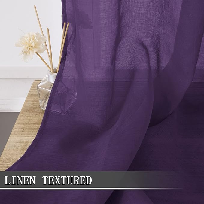 Tollpiz Sheer Curtains Linen Textured Bedroom Curtain Sheers Light Filtering Rod Pocket Voile Curtains for Living Room, 54 x 84 inches Long, Royal Purple, Set of 2 Panels