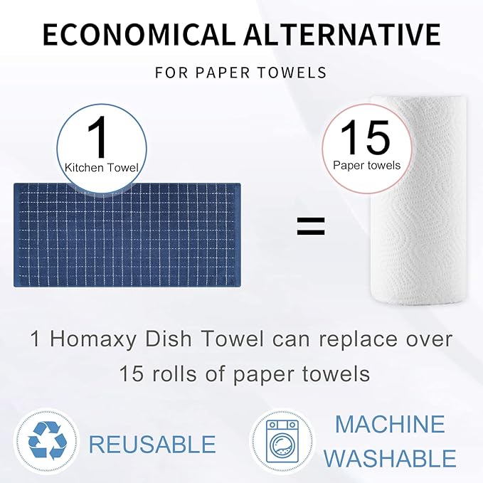 Homaxy 100% Cotton Terry Kitchen Towels(Navy Blue, 13 x 28 inches), Checkered Designed, Soft and Super Absorbent Dish Towels, 4 Pack