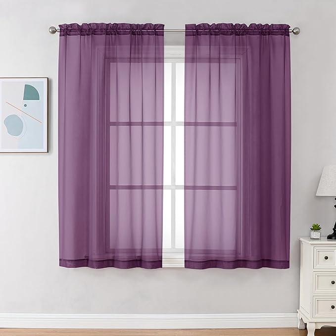 Chyhomenyc Plum Sheer Curtains 63 Inch Length 2 Panels, Rod Pocket Solid Window Sheer Curtain Panels, Elegant Curtains & Drapes for Living Room Bedroom 2 Panels (Plum, 42 W x 63 L)
