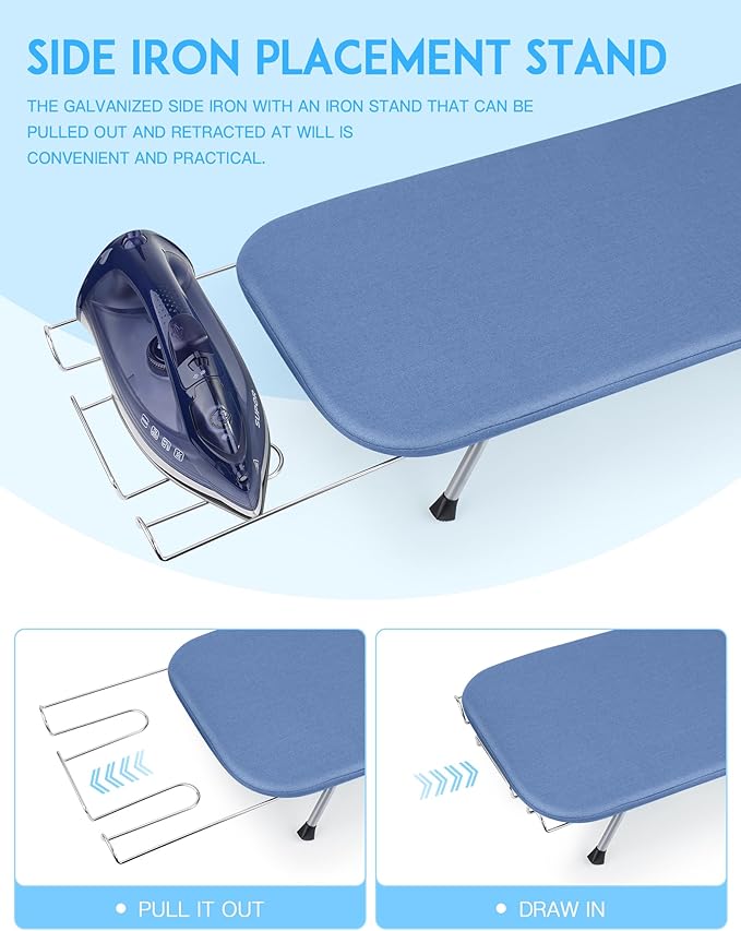 BiJun Small Ironing Board, Foldable Table Top Ompact Portable Mini Ironing Board w/Iron Rest, Set for Dorm Rooms, RVs, Travel Apartments Blue