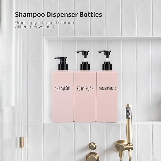Segbeauty Refillable Shampoo and Conditioner Bottles, 3pcs 16.9oz Square Plastic Bathroom Soap Dispenser Set, 500ml Empty Shower Bottles Lotion Dispenser Press Pump Bottle for Modern Home Decor Pink