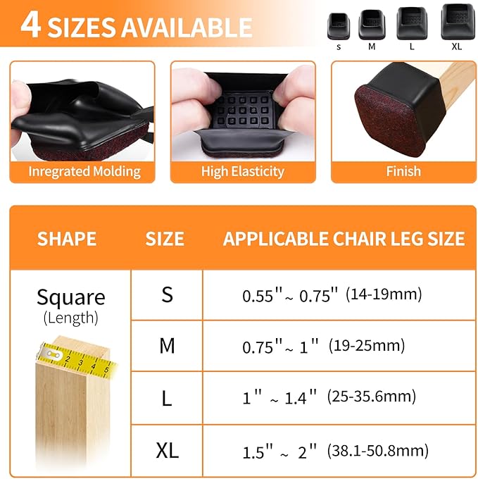 Ezprotekt 24 Pcs Square Chair Leg Floor Protectors with Felt, Silicone Felt Furniture Pads for Hardwood Floor, Dining Table Leg Caps Covers No Scratches and Noise (L Fit: 1" - 1.4", Black)