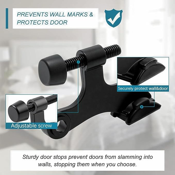 20 Pack Hinge Pin Black Door Stopper, Adjustable Heavy Duty Hinge Pin Door Stop with Black Rubber Bumper Tips