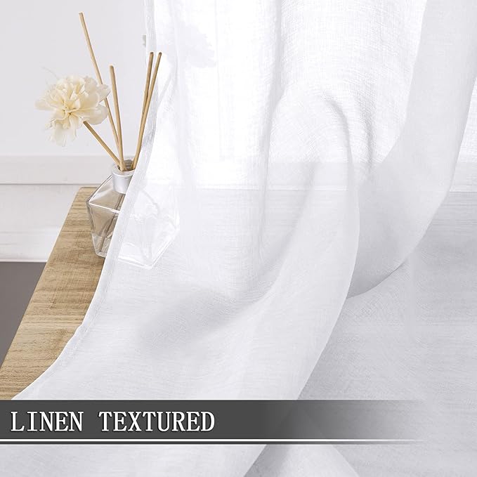 Tollpiz Short Sheer Curtains Linen Textured Living Room Curtain Sheers Light Filtering Rod Pocket Voile Curtains for Bedroom, 42 x 45 inches Long, White, Set of 2 Panels