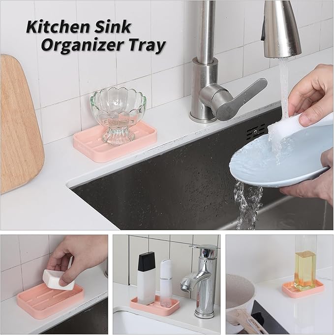 Silicone Kitchen Sink Organizer Tray for Multiple Usage,Easy Clean Sponges Holder for Kitchen Bathroom Counter or Sink,Dish Soap Dispenser,Scrubber,Bottle,Cup Pink 4.9”x 3.2”