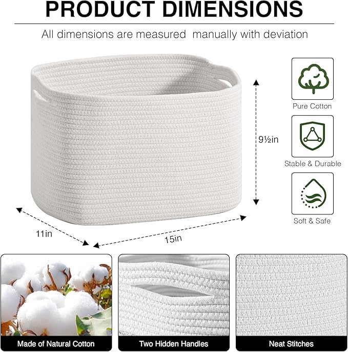 Woven Cotton Rope Storage Basket for Organizing, Cute Decorative Baskets for Gifts Empty, Organizer Bins for Dog Toy, Baby Laundry, 15“×11”×9.5“, Off White