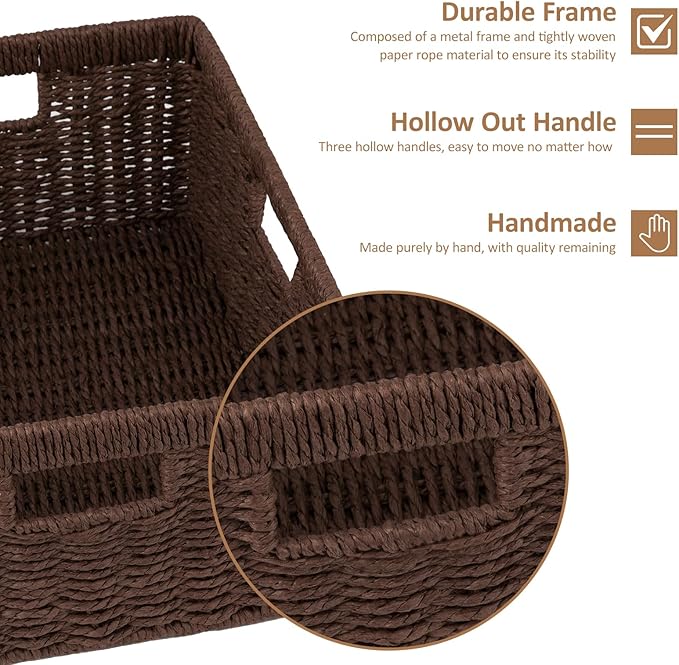 OIAHOMY Wicker Basket, Paper Shelf Basket with Built-in Handles, Rectangular Wicker Storage Bin for Pantry, Shelves, 1 Pack-Brown
