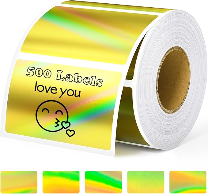 Thermal Sticker Labels 2.25 x 1.25, 500 Gold Holographic Printable Thermal Stickers for Logo Stickers, Name Tag, Thanks You Card, QR, FNSKU, Compatible with Thermal Label Printer
