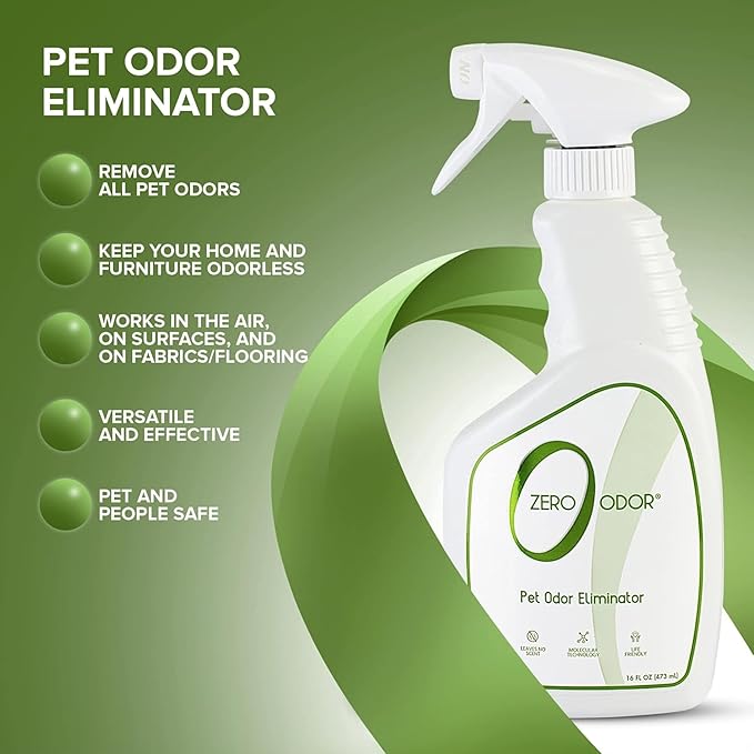 Zero Odor - Pet Odor Eliminator for Strong Odor, Eliminate Air & Surface Odors – Patented Molecular Technology Best For Carpet, Furniture, Beds Smell Great Again (Over 400 Sprays Per Bottle)