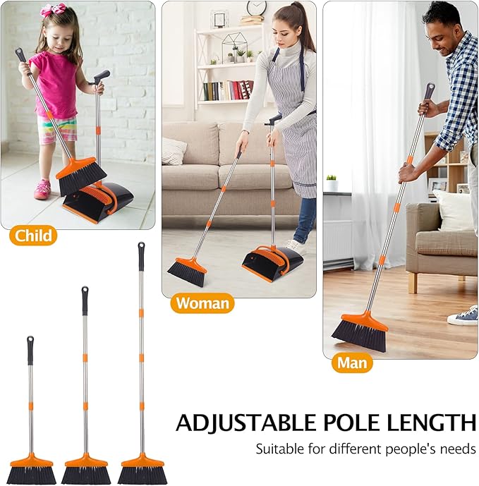 Broom and Dustpan Set with Long Handle, Light Weight Stainless Steel Poles Stand Upright Dustpans with Broom Combo for Home Kitchen Office Pet Dog Hair, Black & Orange Color, 1-Pack