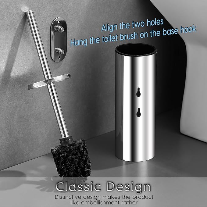 Toilet Brush and Brush Holder, Stainless Steel No-Punch Hook Base Dual Purpose Toilet Brush Holder with Removable Inner Bucket and Splash Cover - Soft Bristles (Chrome)