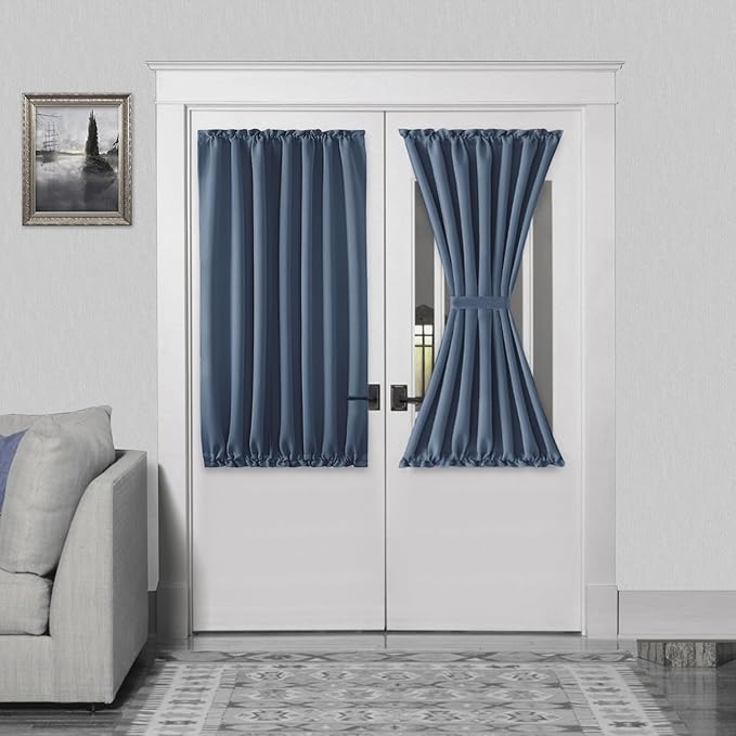 DWCN French Door Curtains – Rod Pocket Thermal Blackout Curtain for Window/Patio Doors/Doorways/Classroom/Kitchen for Privacy, 54W by 40L Inches, 1 Panel with Tieback, Dusty Blue
