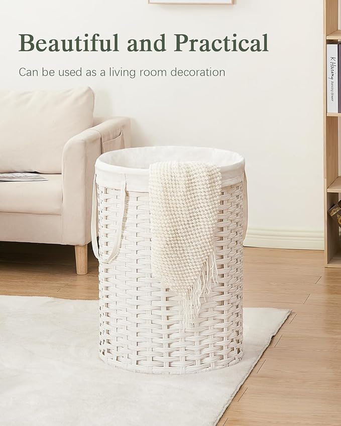 Laundry Basket Round Rattan Laundry Hamper 29.1 Gal (110 L) Handwoven Large Wicker Basket with Handles, Wicker Hamper with Removable Bags and 2 Mesh Bags for Bathroom Living Room White