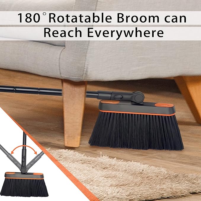 JEHONN Broom and Dustpan Set for Home, Long Handle Lightweight 180 Degree Rotating Broom Set Indoor, Upright Standing Dust Pan with Comb Teeth, Store Sweep Set for Room Kitchen Office Lobby