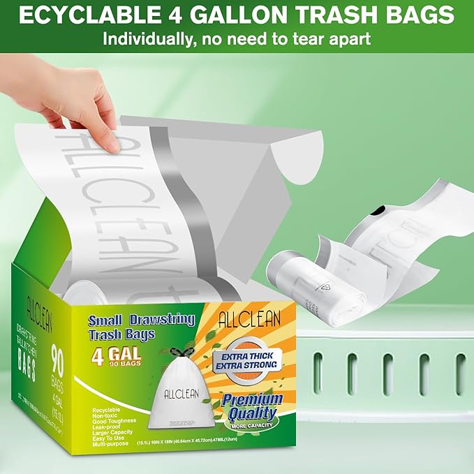 Trash Bags 4 Gallon Small Kitchen Drawstring Bathroom Garbage Bags, Fit 2-4 Gal Bins,Extra Strong&Leak-Proof,Unscented&Recyclable Trash Can Liners for Bathroom Home Office Bedroom Lawn
