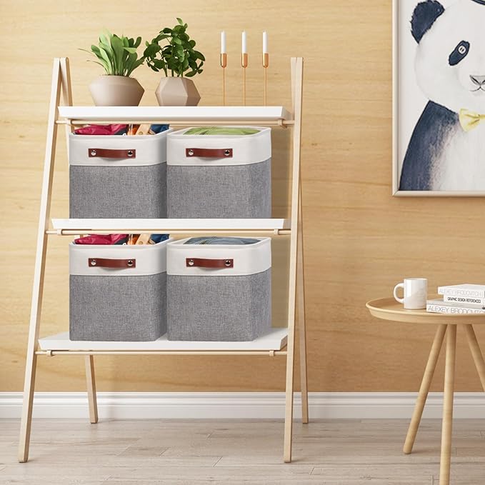 Univivi 10.5 Inch Fabric Cube Bins with Hard Bottom, 4 Pack Storage Baskets with PU Handles for Shelves Closet Foldable Storage Bins for Organizing (Gray,10.5" x 10.5" x 11")