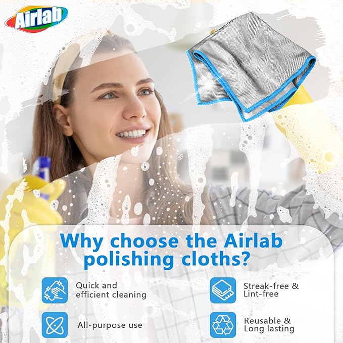 Glass Polishing Cloth Streak Free Miracle Microfiber Cleaning Cloth Lint Free Cleaning Rags for Glasses Kitchen Dish Mirrors Easy Clean, Pack of 6, 12" x 12", Sliver-Blue