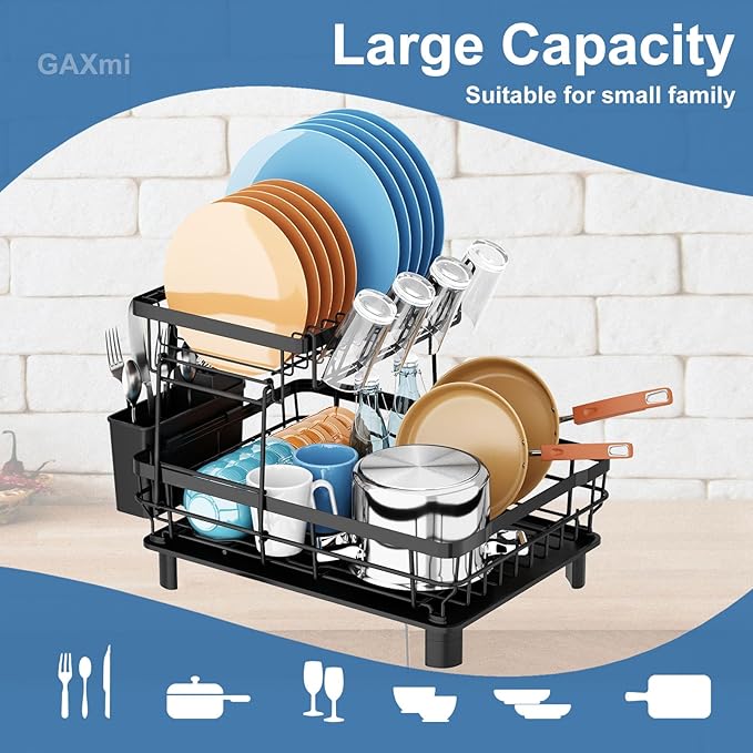 GAXmi Dish Drying Rack Over The Sink Drainer with Drainboard Utensil Holder Cup Holder, 2-Tier Black