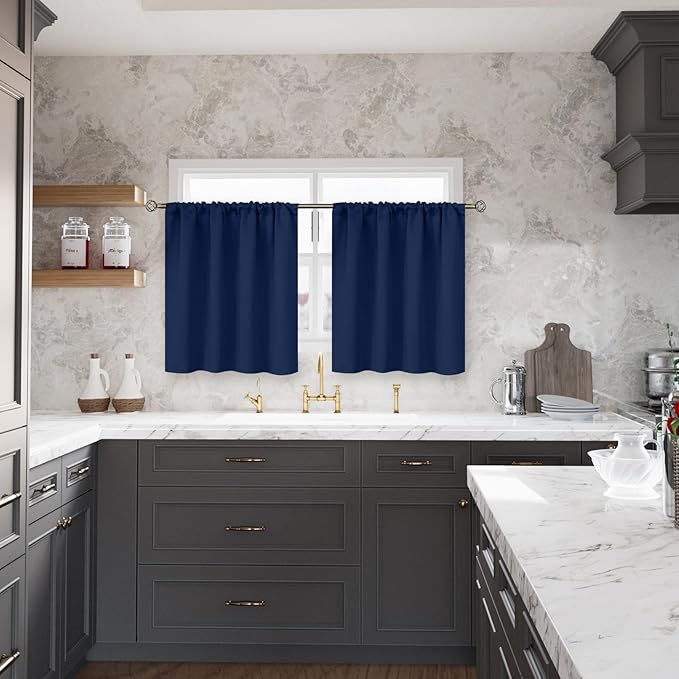 BGment Small Blackout Curtains 30 Inches Length 2 Panels for Kitchen Cafe - Navy Blue Half Window Drapes with Rod Pocket Privacy for Front Door Bathroom, 29 x 30 Inch