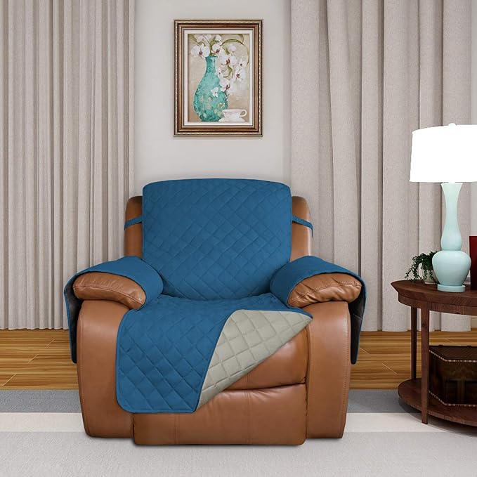 PureFit Reversible Quilted Sofa Cover, Water Resistant Slipcover Furniture Protector, Washable Couch Cover with Non Slip and Elastic Straps for Kids, Dogs (Oversized Recliner, Peacock Blue/Beige)